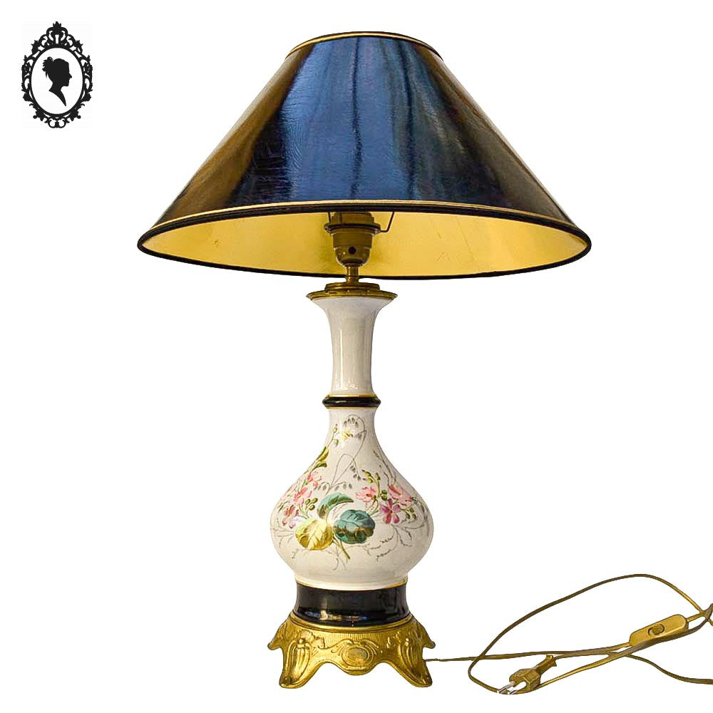 Grande lampe de table à poser porcelaine fleurie laiton ancienne