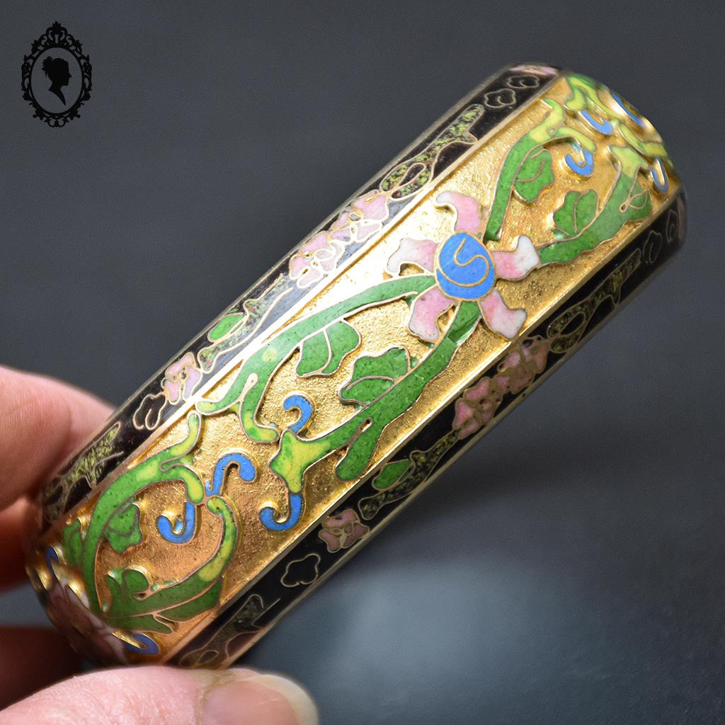 Gros bracelet jonc vert noir fleuri rigide émaux cloisonnés champlevés vintage
