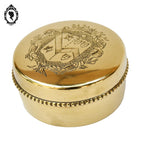 Jolie boite bonbonnière ronde dorée en laiton avec armoiries blason