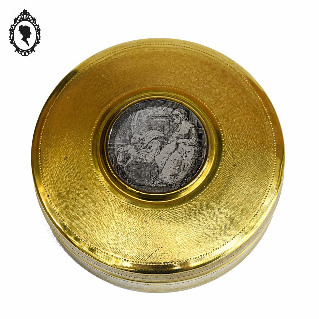 Jolie boite bonbonnière ronde dorée en laiton avec image vintage