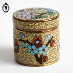 Jolie petite boite jaune vert ronde cylindrique en émail émaux cloisonnés vintage