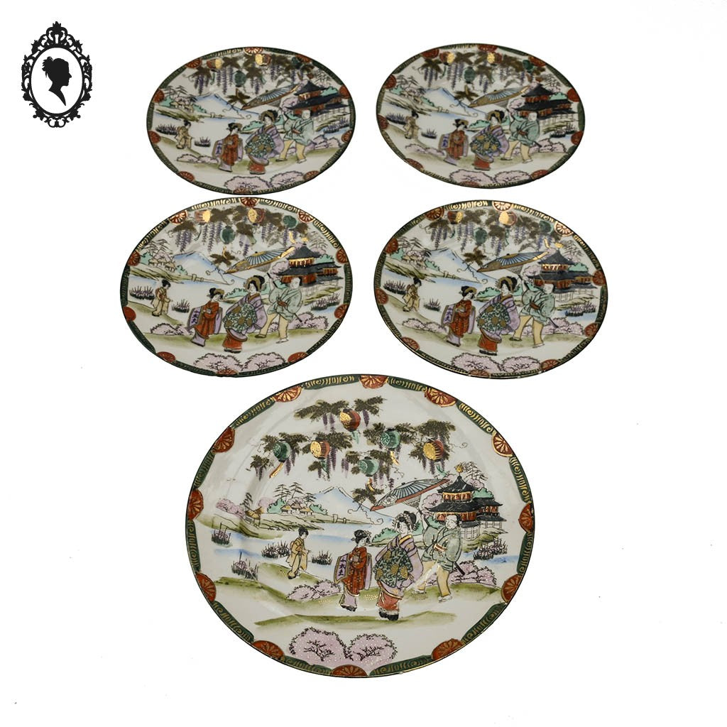Lot 1 plat 4 assiettes art d’Asie porcelaine japonaise Japon Rokuzo signées 1920 1940 anciennes or