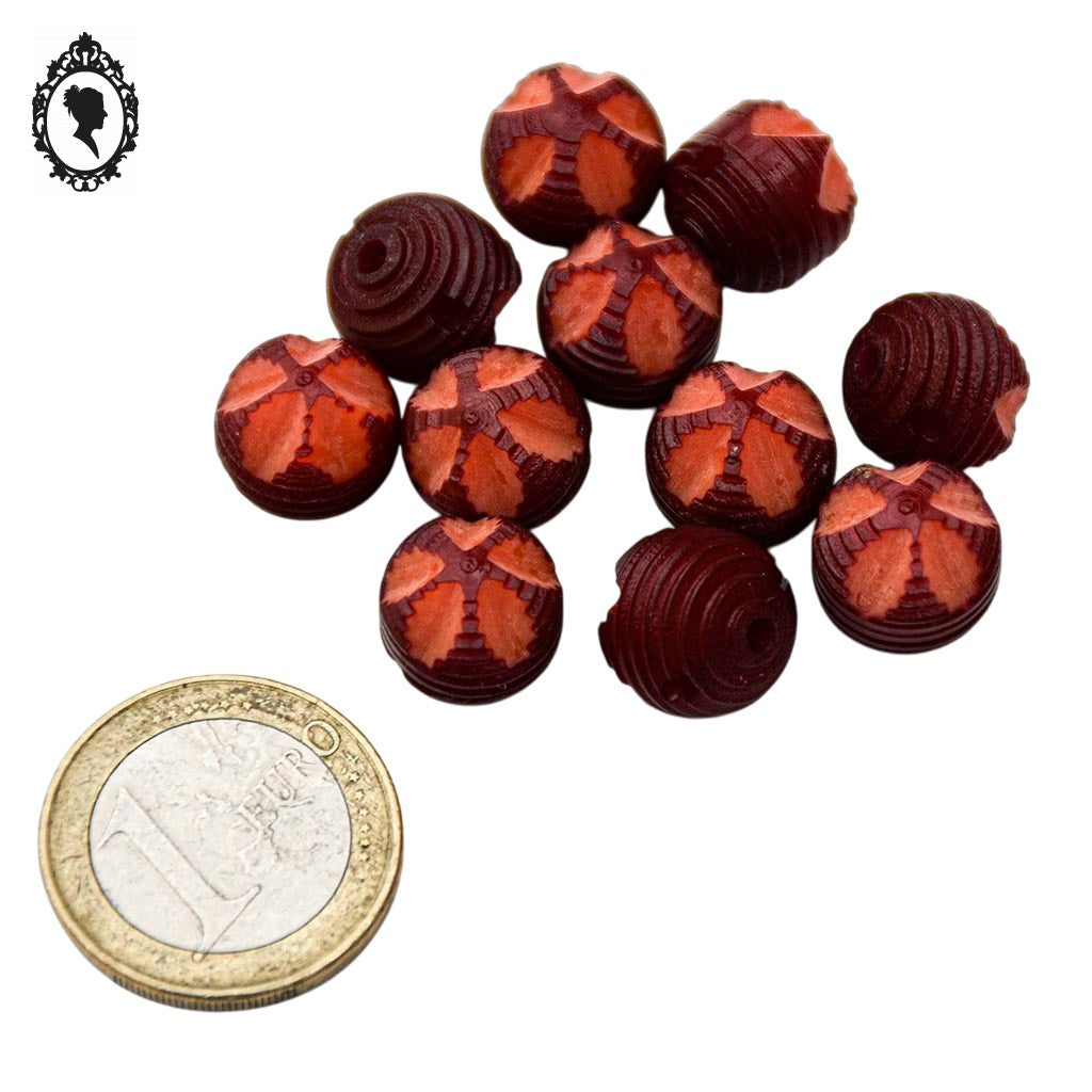 Lot 11 boutons boule rouge vermillon plastique vintage D 1 cm