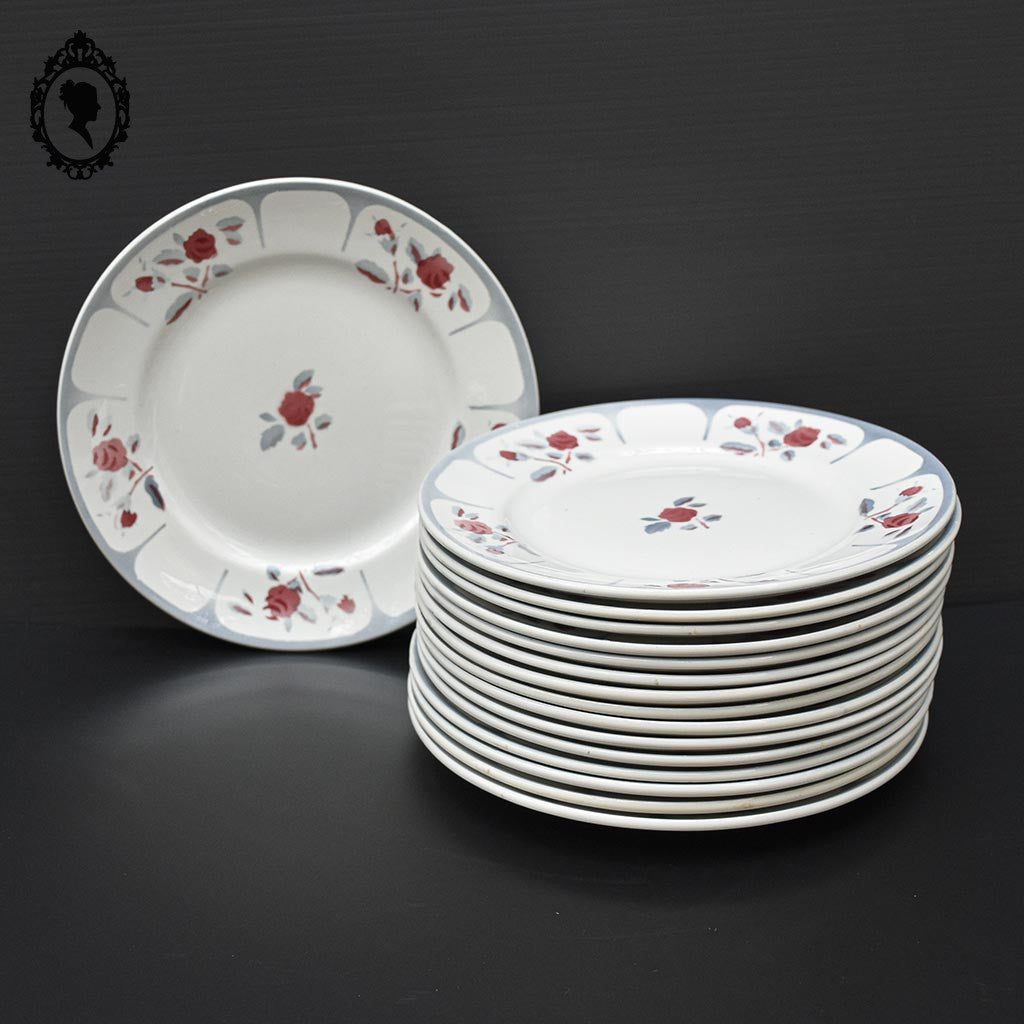 Lot 16 assiettes à dessert plates fleur rose bleue gris Moulin des loups vintage