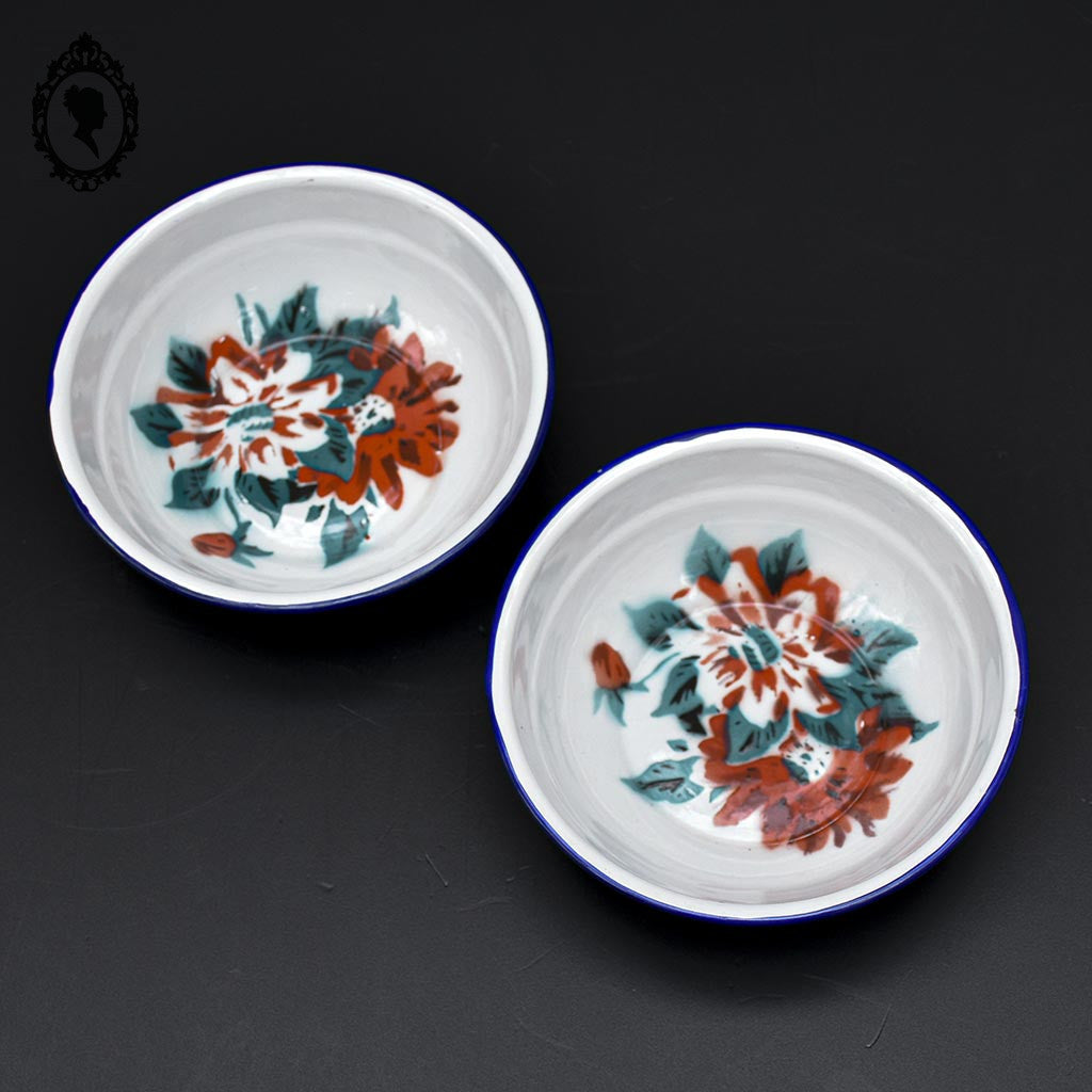 Lot 2 bols calottes rond fleuri en tôle fer émaillé vintage rétro D 14 cm