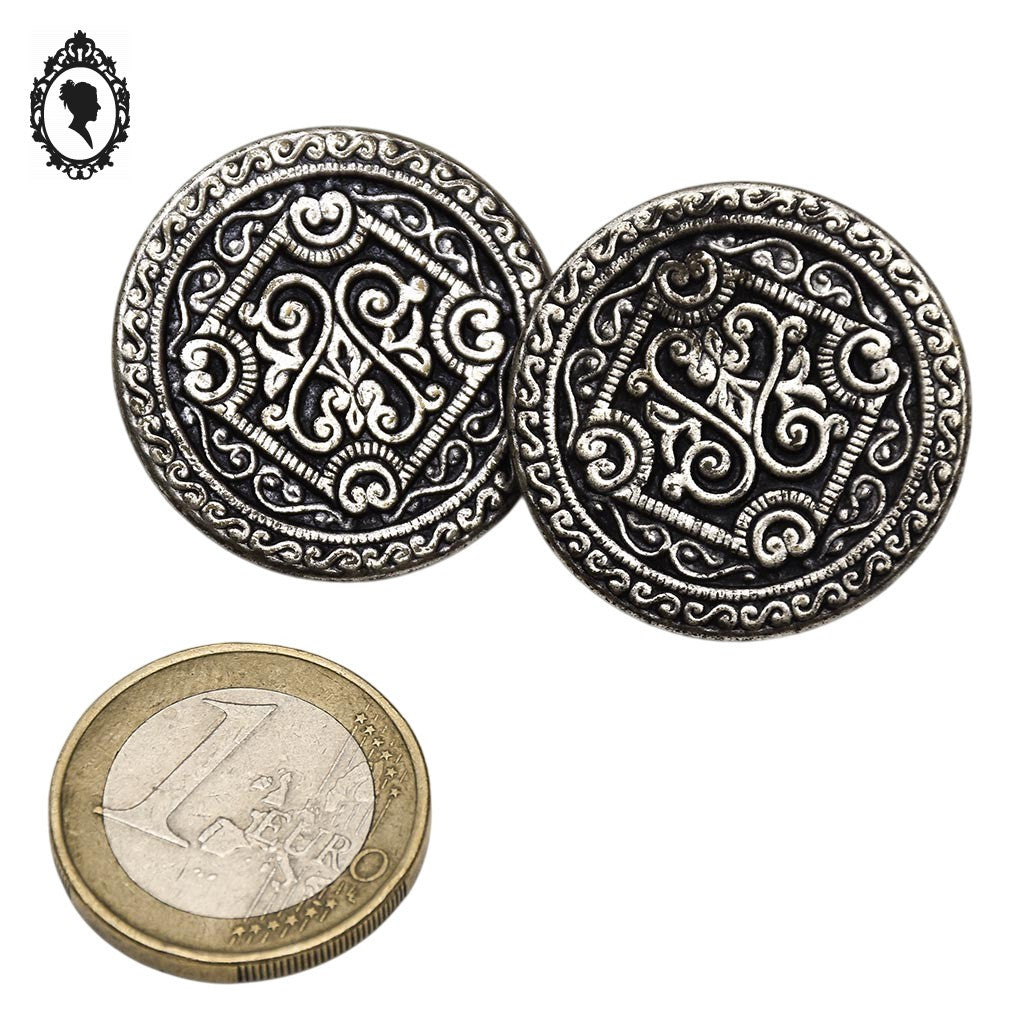 Lot 2 boutons gris argenté à queue métal arabesque noire D 2,8 cm vintage