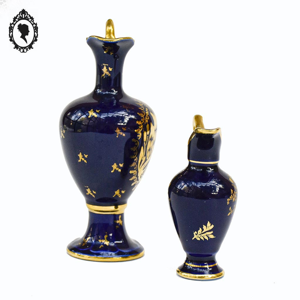 Lot 2 petites aiguières vases bec anse bleu et doré porcelaine de Limoges vintage