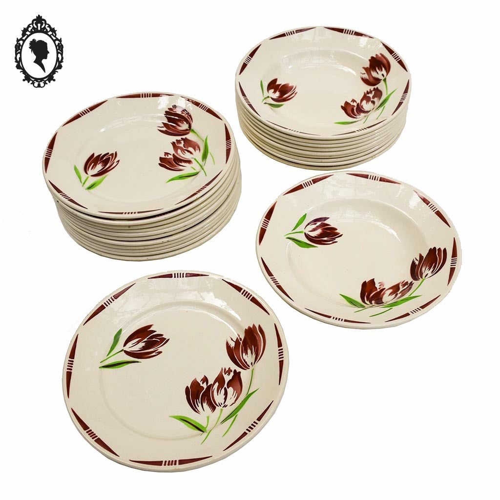 Lot 22 assiettes plates et creuses fleur tulipe rouge vert Badonviller vintage