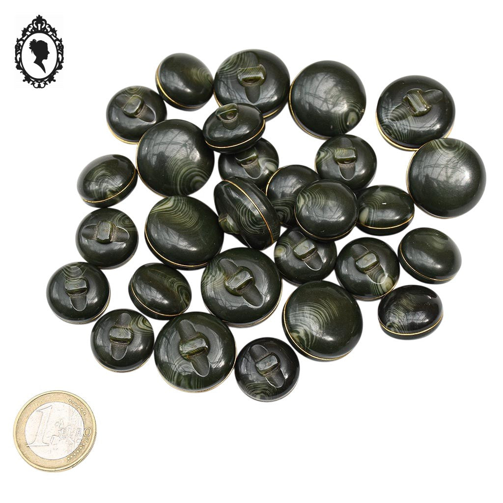 Lot 28 boutons rond épais vert kaki vintage D 2,3 cm et 1,7 cm