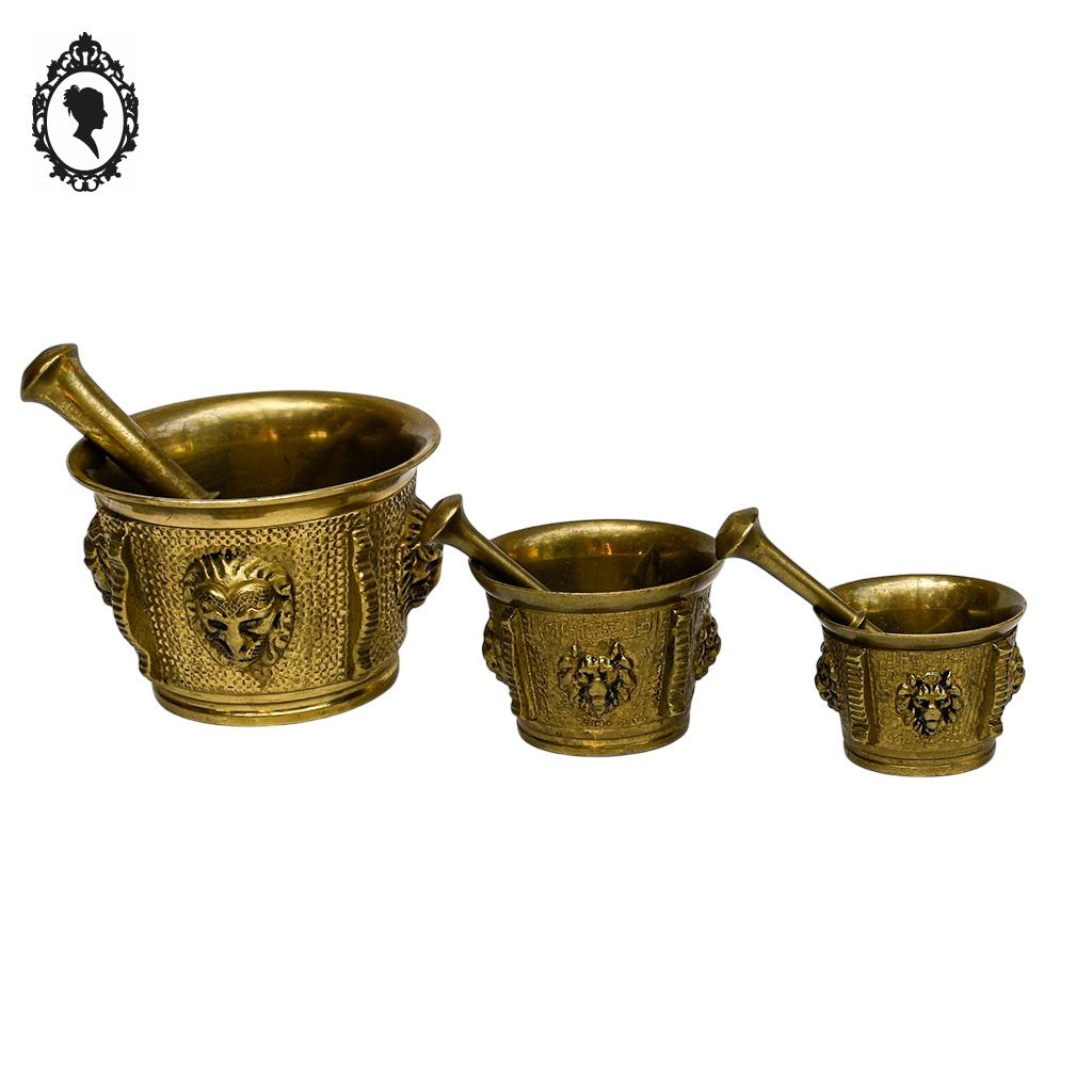 Lot 3 mortiers et pilons en bronze doré Lion ancien vintage