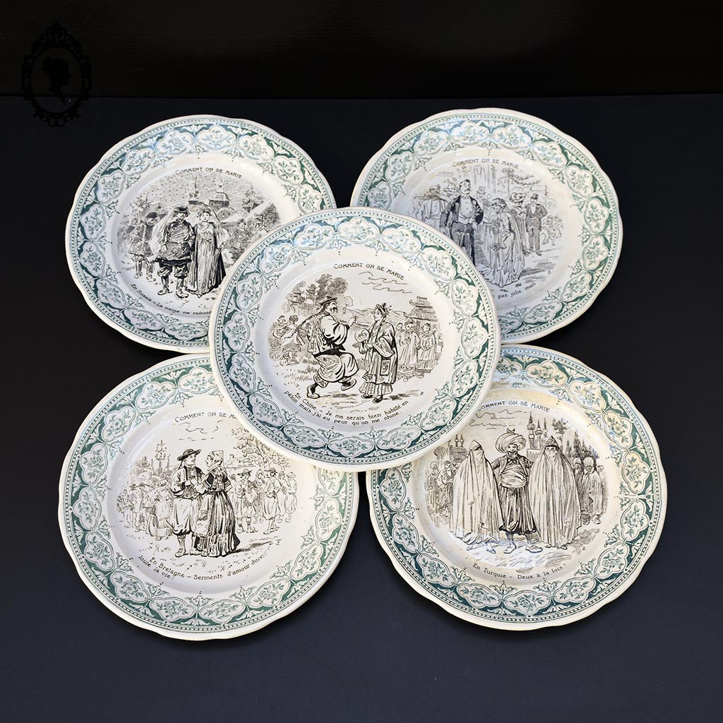 Lot 5 assiettes à dessert parlantes mariage beige et vert Digoin Sarreguemines anciennes
