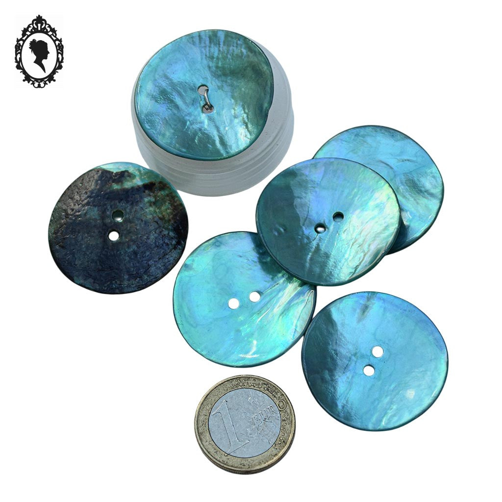 Lot 6 gros boutons bleu en nacre rond ancien vintage D 3,4 cm