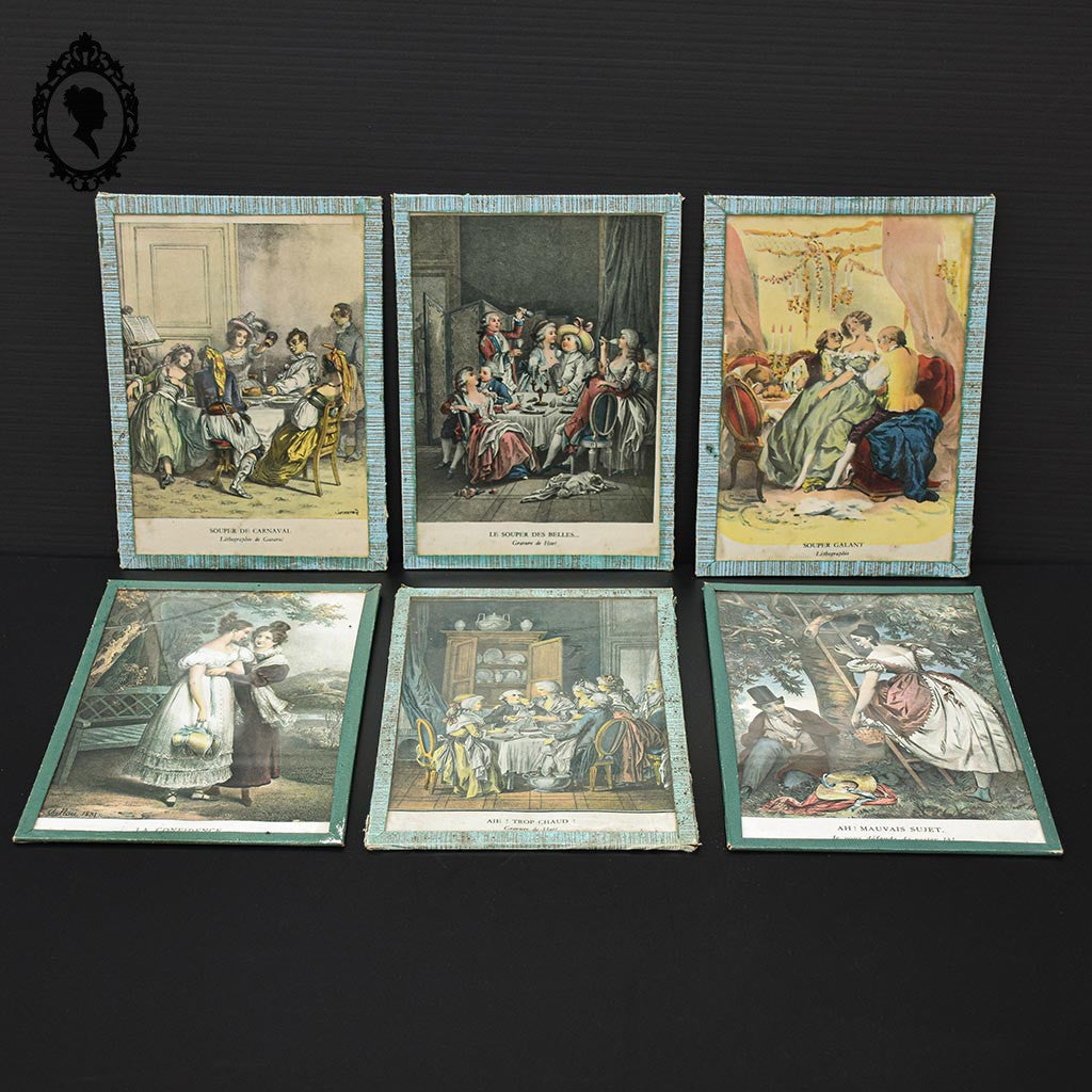 Lot 6 illustrations gravures litho sous verre anciennes XIX e H 18 x 13 cm