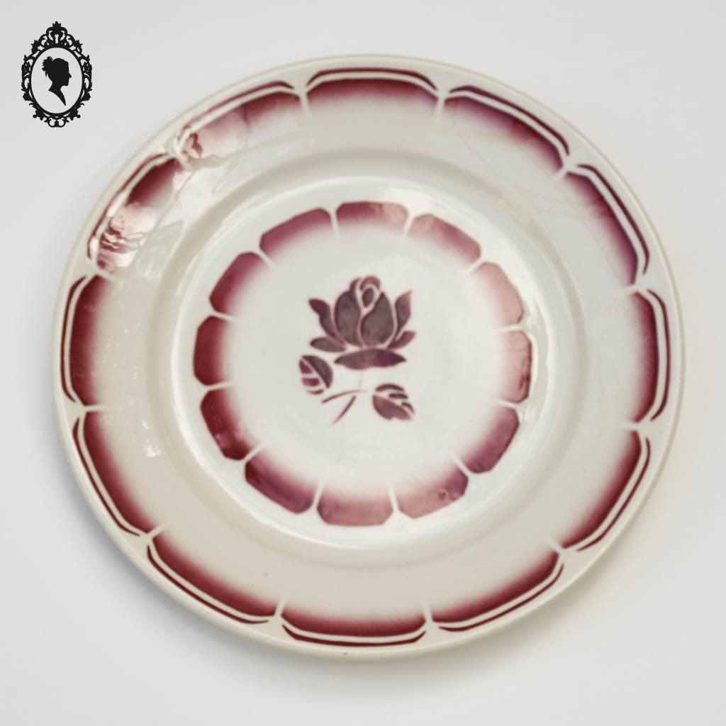 Lot 7 assiettes à dessert en porcelaine fleur rose rouge beige Badonvillier vintage