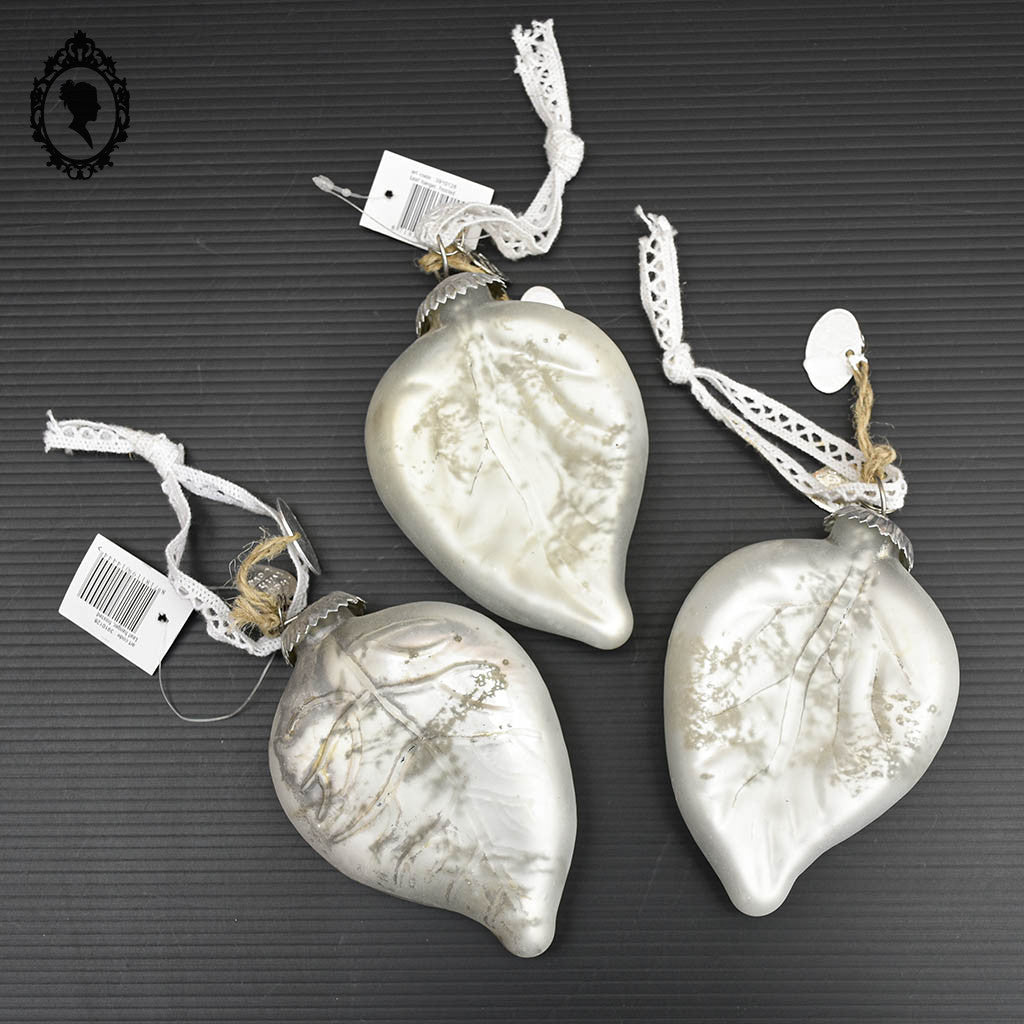 Lot de 3 boules de noël feuille en verre argent blanc mercurisé shabby chic