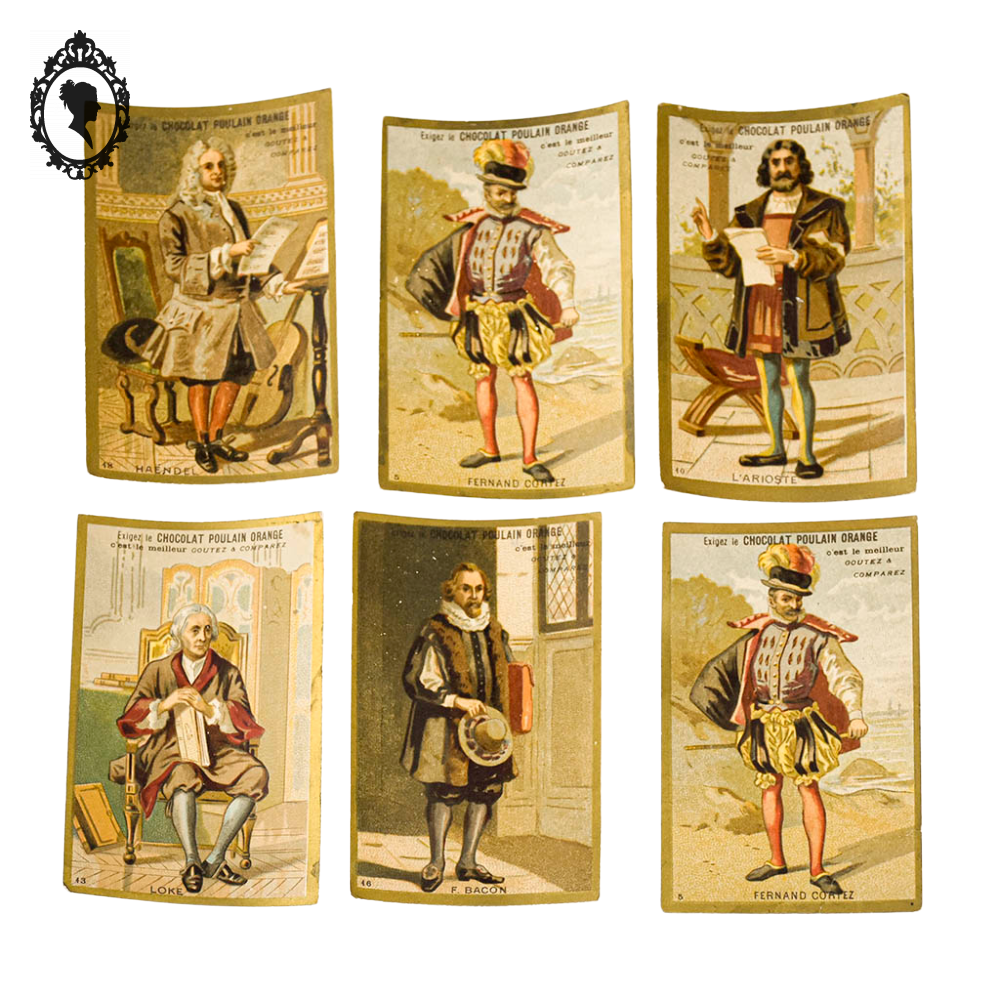 Lot de 6 cartes images chromos pub chocolat Poulain orange
