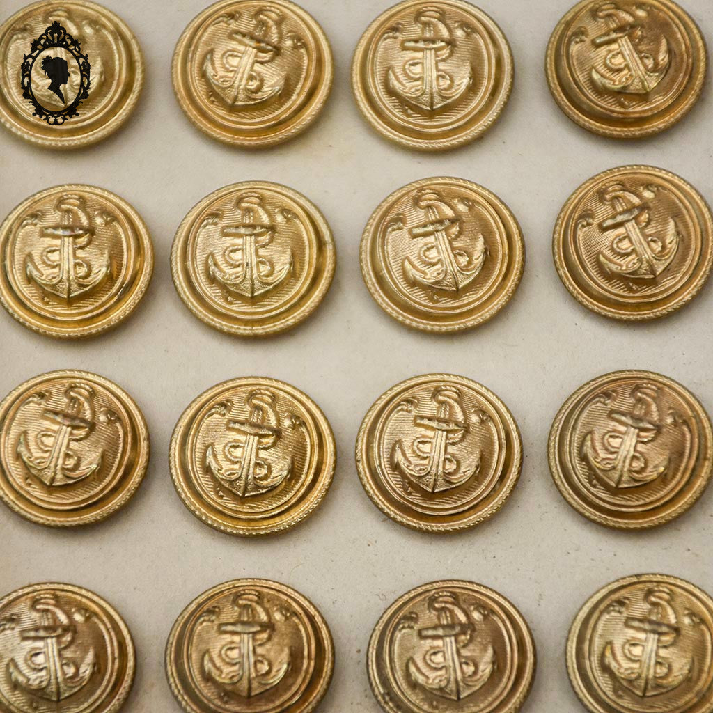 Lot plaque 24 boutons métal laiton doré relief ancre marine D 1,5 cm vintage