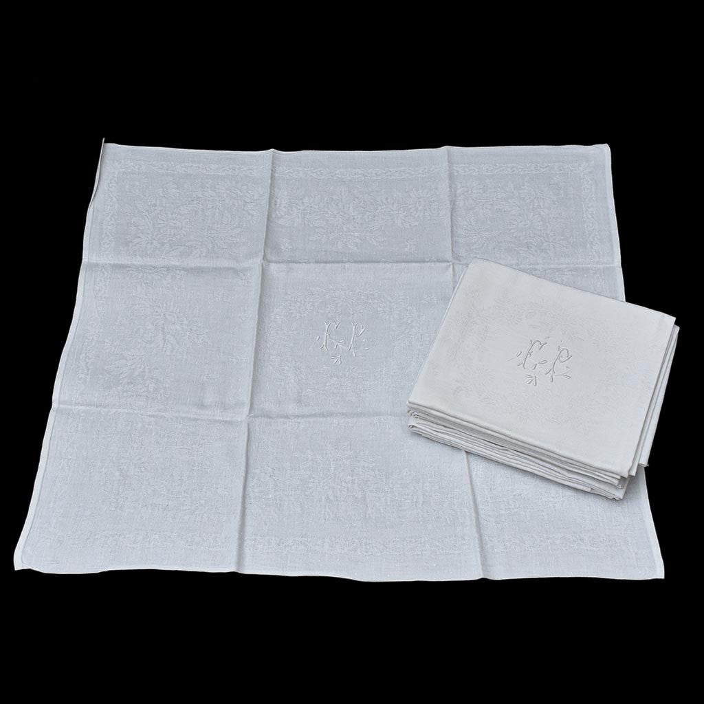 Lot service 12 serviettes de table anciennes damassées blanches monogramme FP