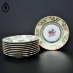 Lot service 9 assiettes à dessert fleuries beige vert U C Limoges vintage
