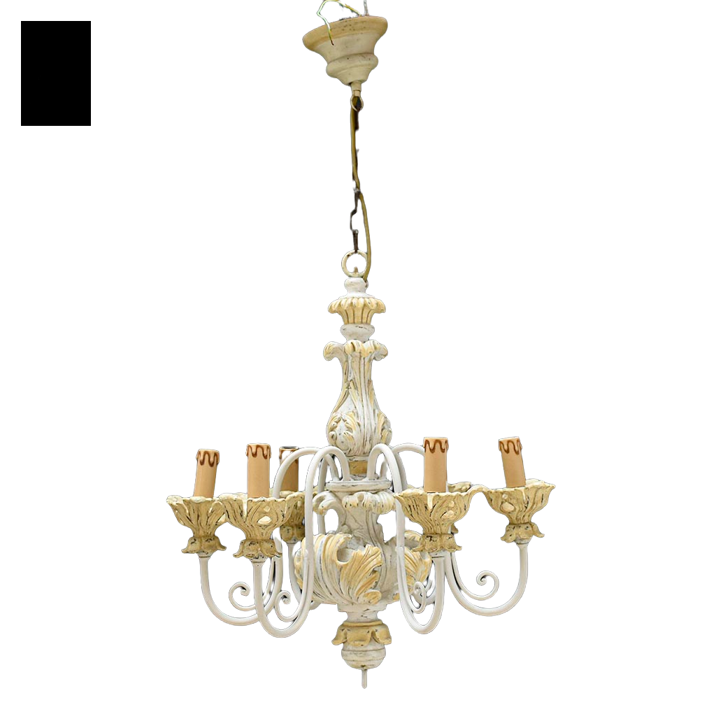 Lustre en bois 6 feux branches fer beige jaune clair vintage