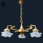 Lustre plafonnier bronze chimères 3 lumières 3 roses pâte de verre blanc doré ancien