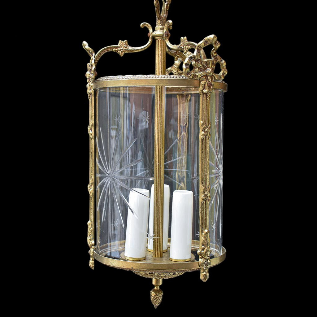 Lustre plafonnier lanterne cage 3 lumières verre bronze doré vintage