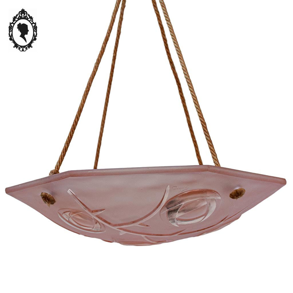 Lustre suspension vasque coupe en verre rose Degué ancien fleuri corde Art Décoration