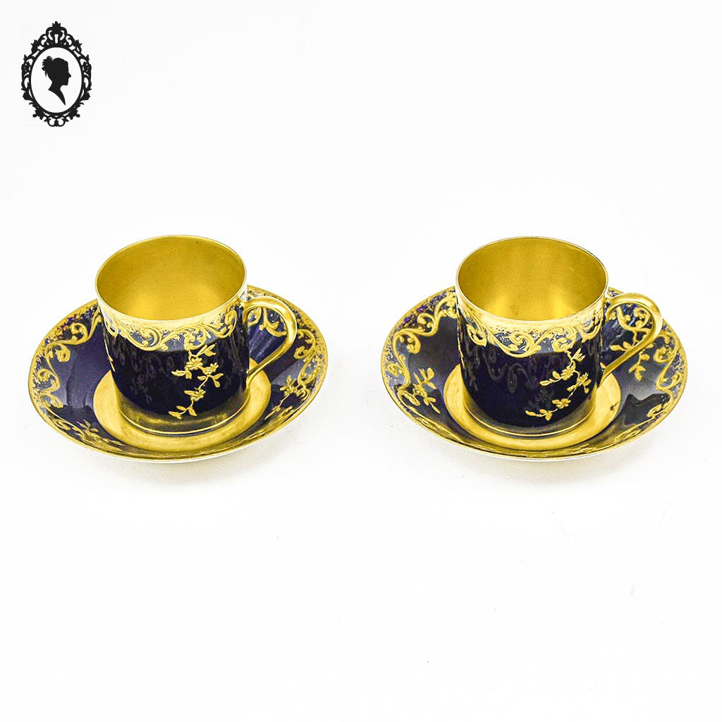 Magnifiques 2 Tasses et sous tasses porcelaine bleu cobalt Bac Limoges France