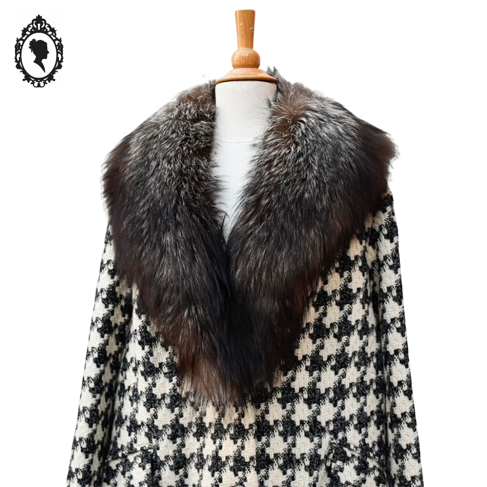 Manteau long femme laine pied-de-poule noir blanc col véritable fourrure T 52 54 vintage