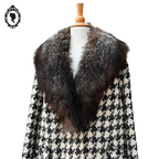 Manteau long femme laine pied-de-poule noir blanc col véritable fourrure T 52 54 vintage