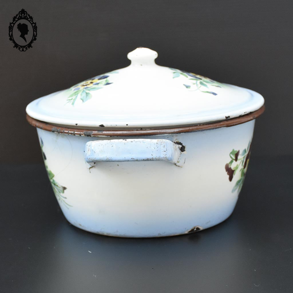 Marmite soupière émaillée fleurie bleu et blanc vintage ancienne