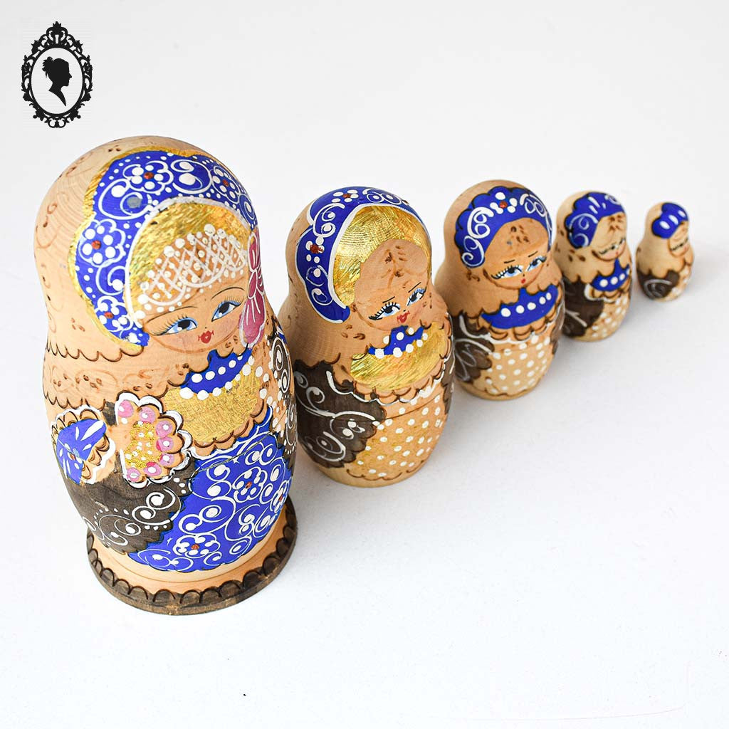 Matriochkas 5 poupées Russes gigognes bois naturel bleu doré