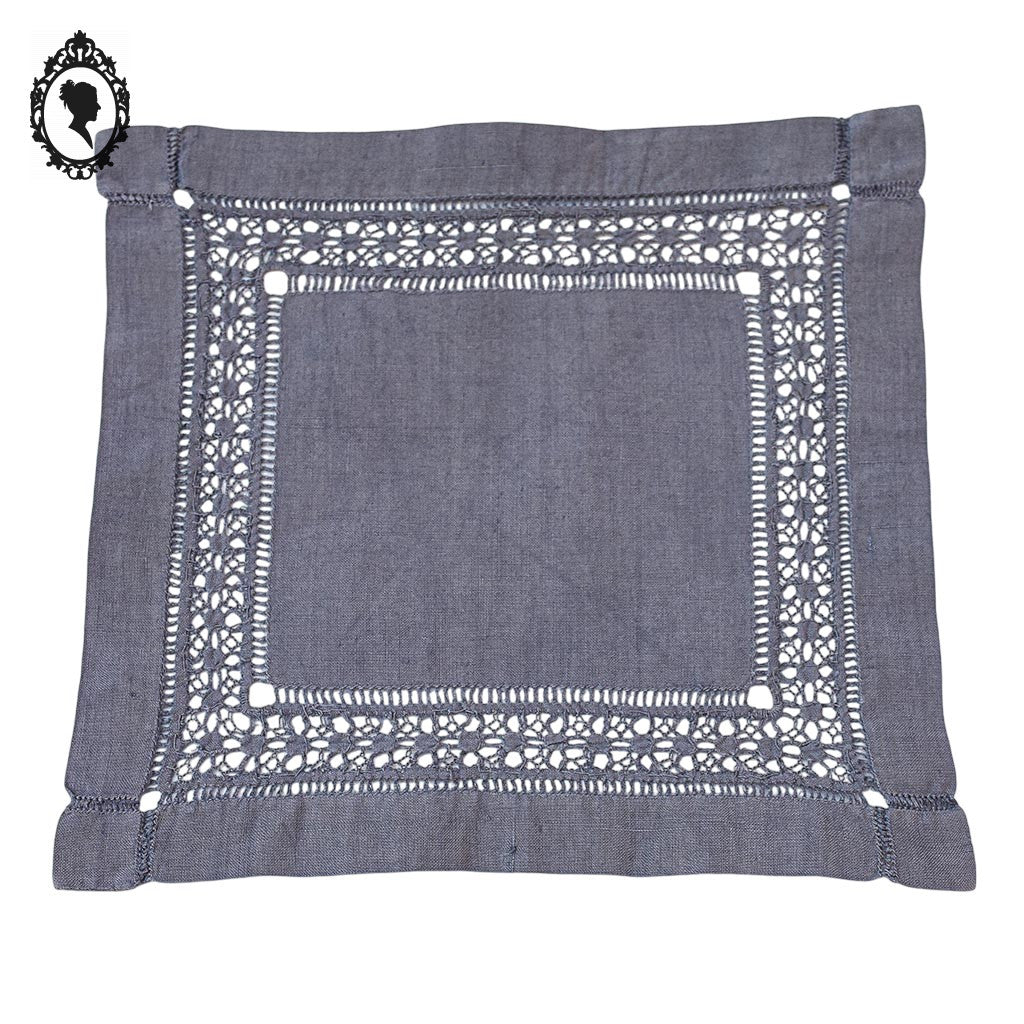 Napperon brodé lin gris carré 26 cm jours échelle et faisceaux fait main vintage