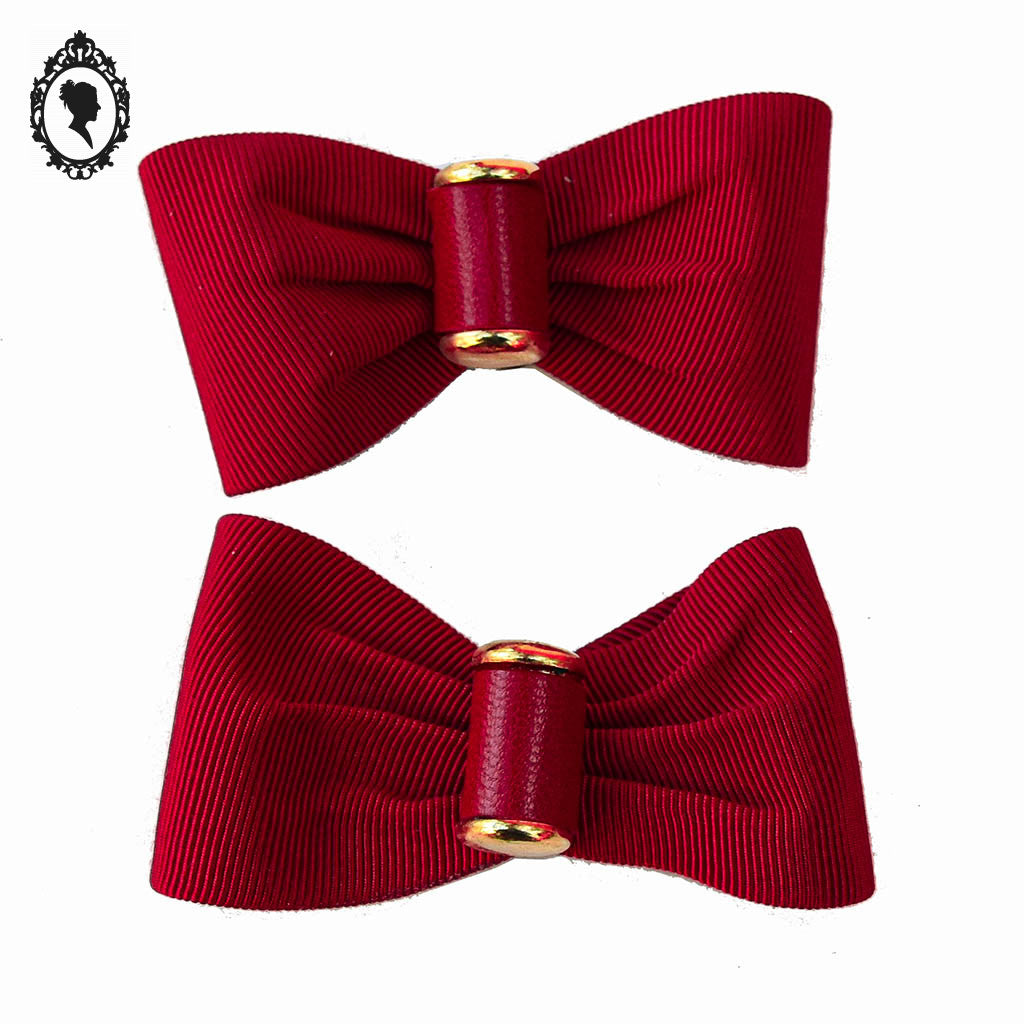 Paire de boucles clips pince pour chaussure nœud rouge tissu satiné vintage