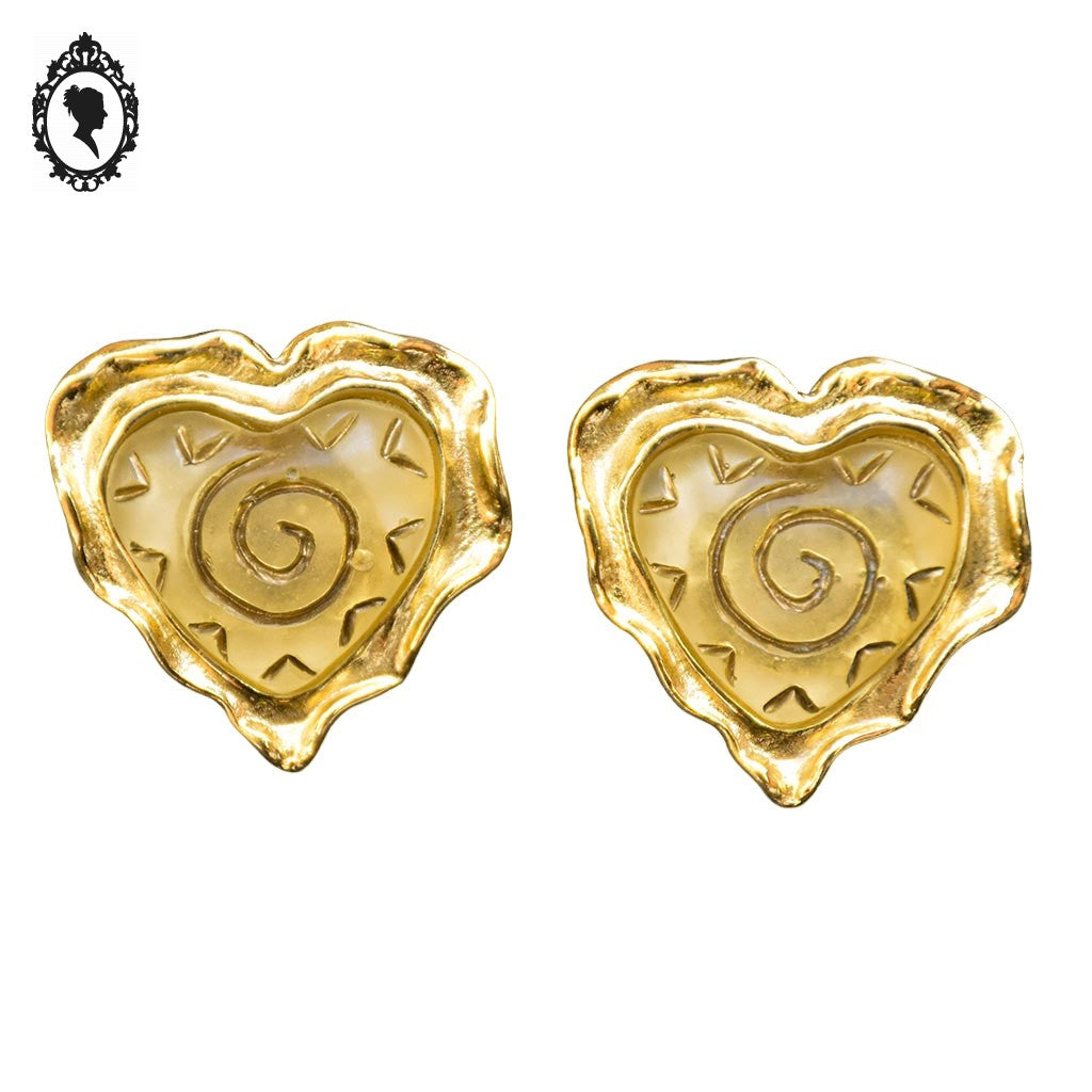 Paire de boucles d’oreilles Jacky de G cœur soleil bombé métal doré à clips bijoux vintage