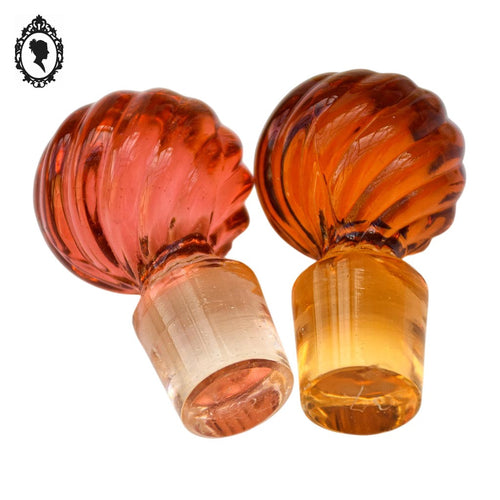 .Paire de flacons garniture toilette rose saumon jaune verre torsadé vintage