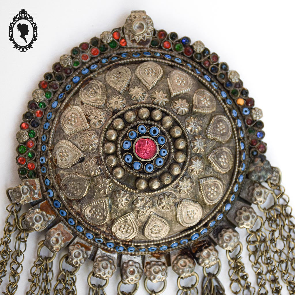 Pendentif collier ethnique antique nomade en métal vintage ancien H 18,5 cm