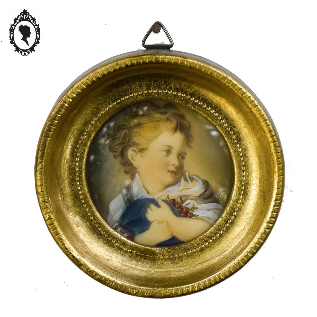 Petit cadre miniature portrait Enfant aux cerises Fragonard sur ivoire signé ancien