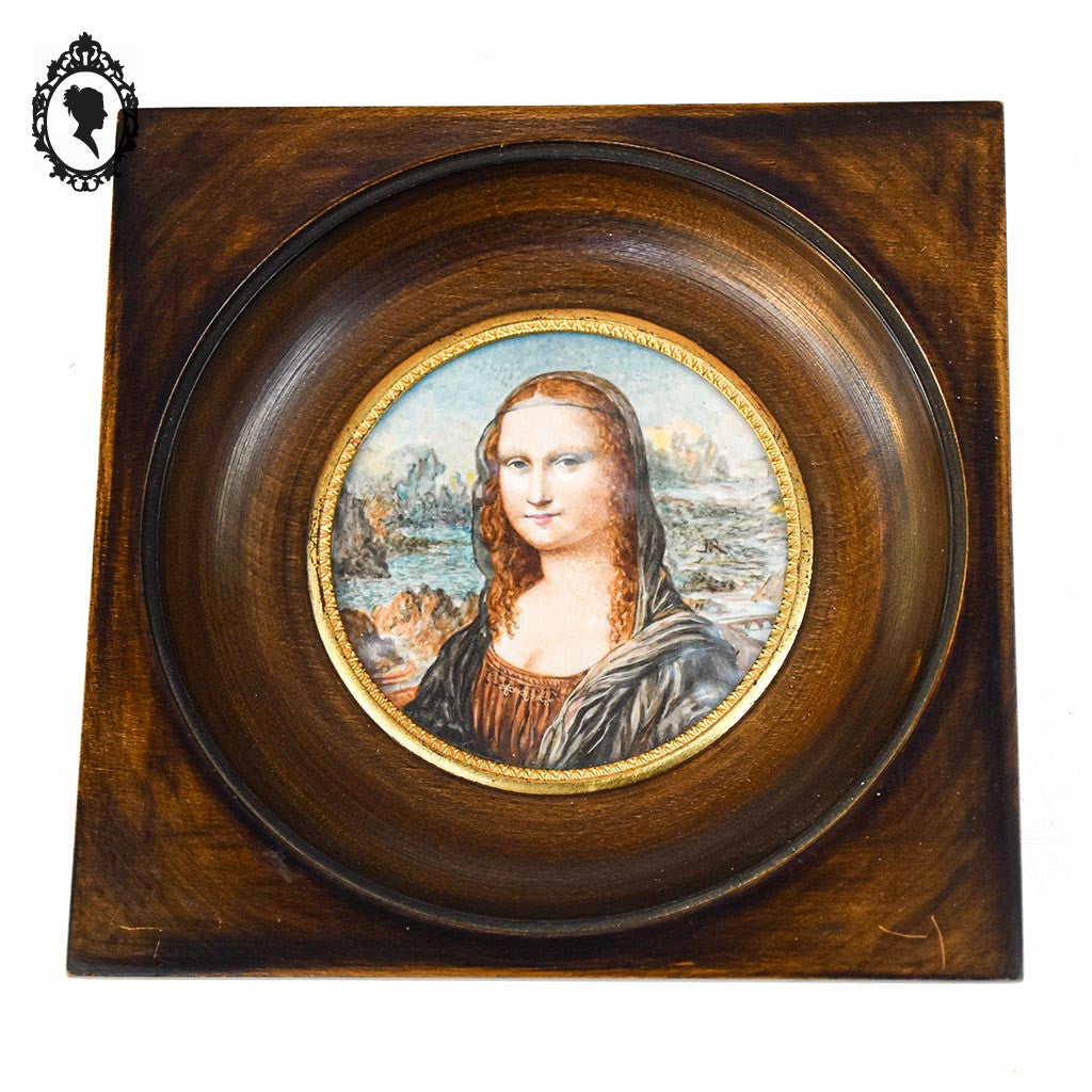 Petit cadre miniature portrait médaillon femme rousse sur ivoire signé JR ancien