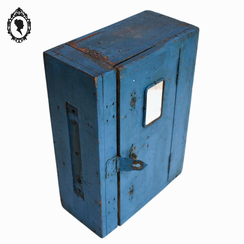 Petite armoire jouet dînette enfant bois peint en bleu vintage H 33 cm vintage