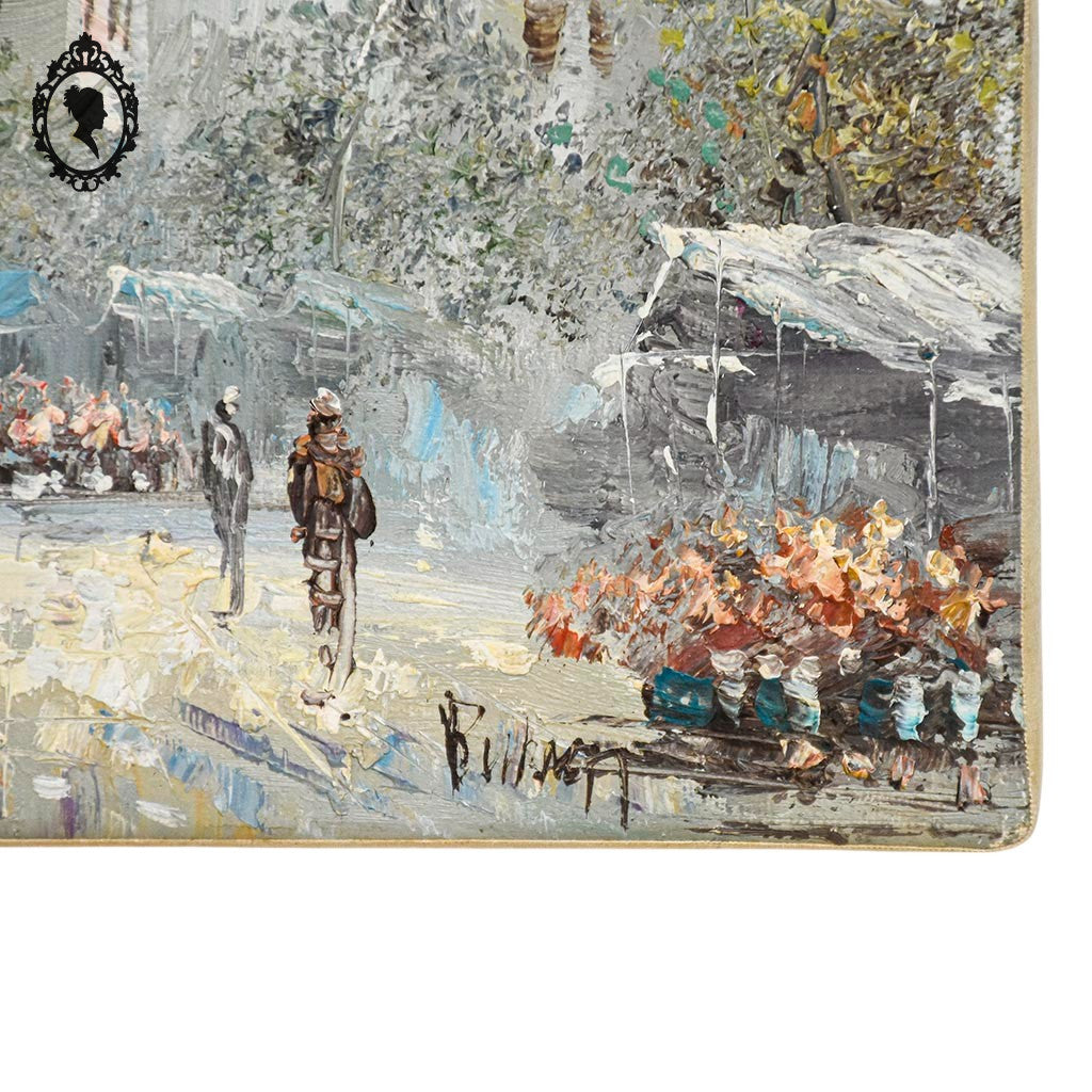 Petite toile tableau peinture à l’huile marché aux fleurs signé Burnett vintage
