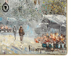 Petite toile tableau peinture à l’huile marché aux fleurs signé Burnett vintage