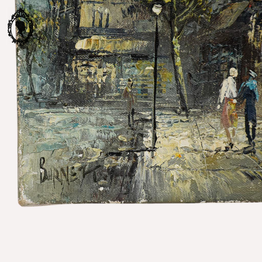Petite toile tableau peinture à l’huile rue de Paris signé Burnett vintage