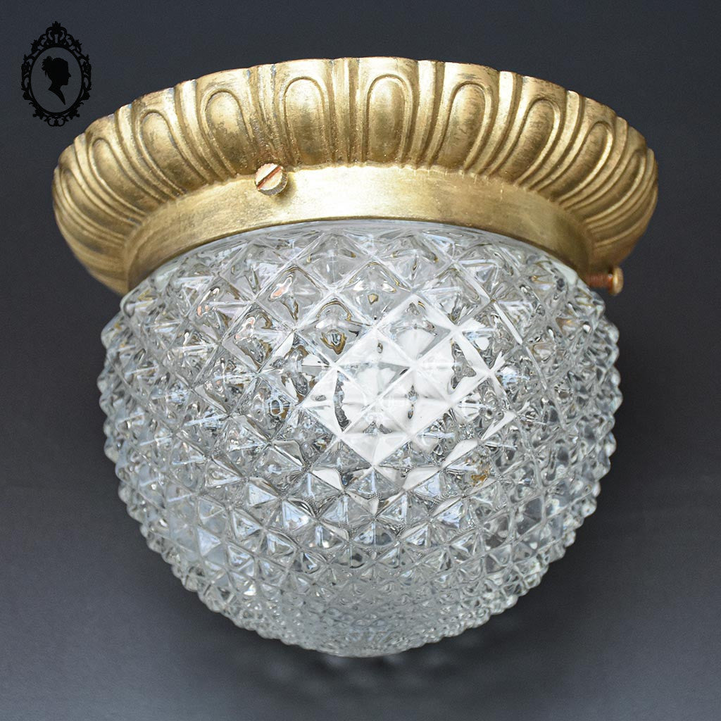 Plafonnier lustre demi sphère pointe diamant verre laiton vintage