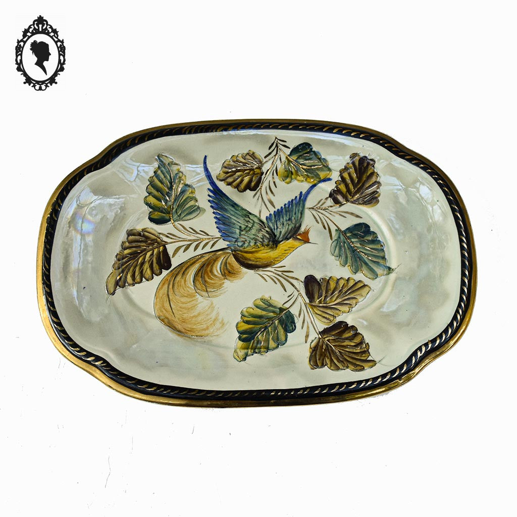Plat oiseau en faïence style barbotine vert nacré H. Bequet Belgique L 33 cm vintage