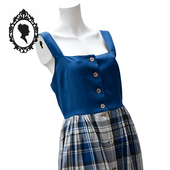 Robe longue à carreaux bleu blanc gris coton lin vintage T 38 40