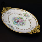 Romantique plat ovale fleuri porcelaine de Limoges rose poignées laiton Burroughs ancien