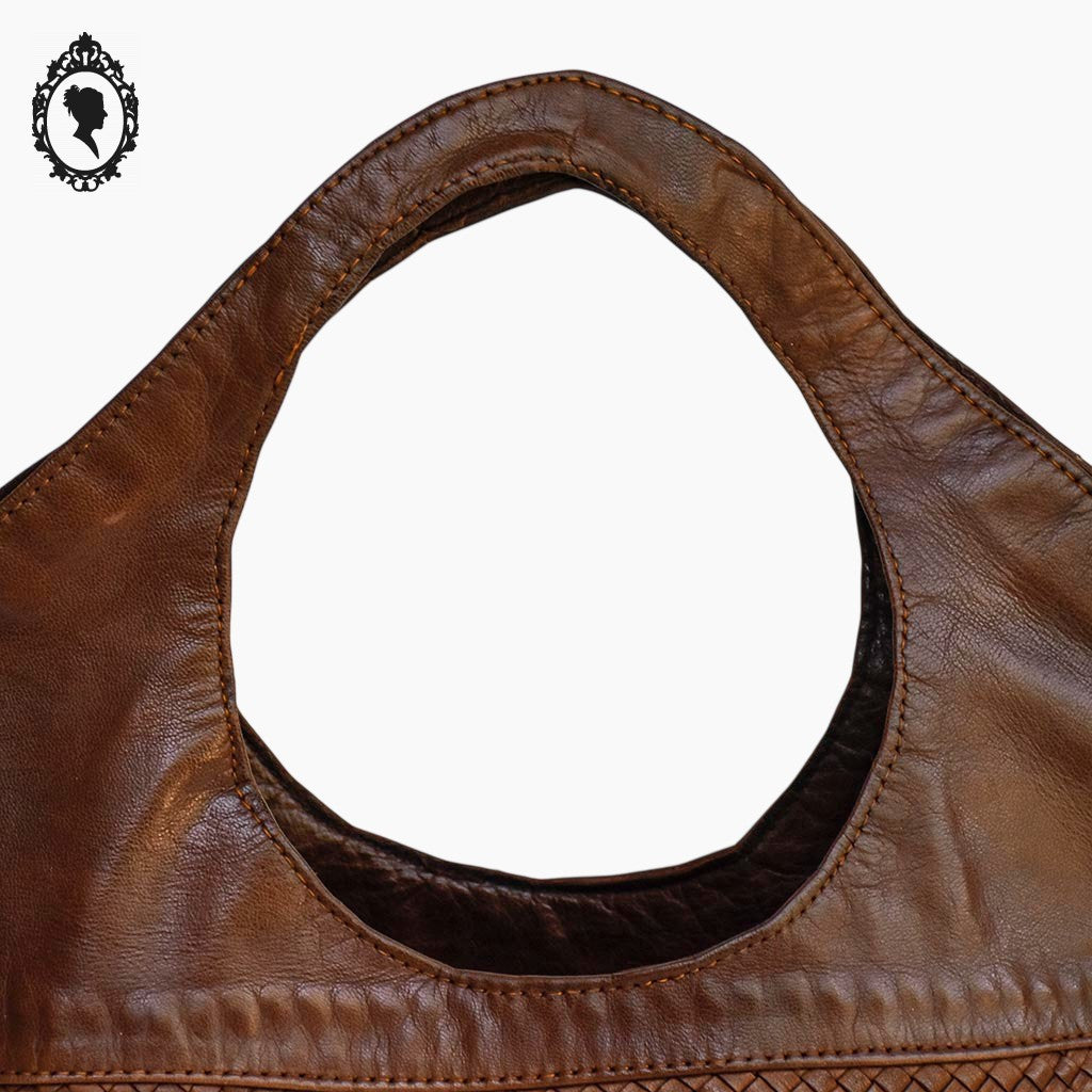 Sac cabas cuir cognac marron devant tressé vintage
