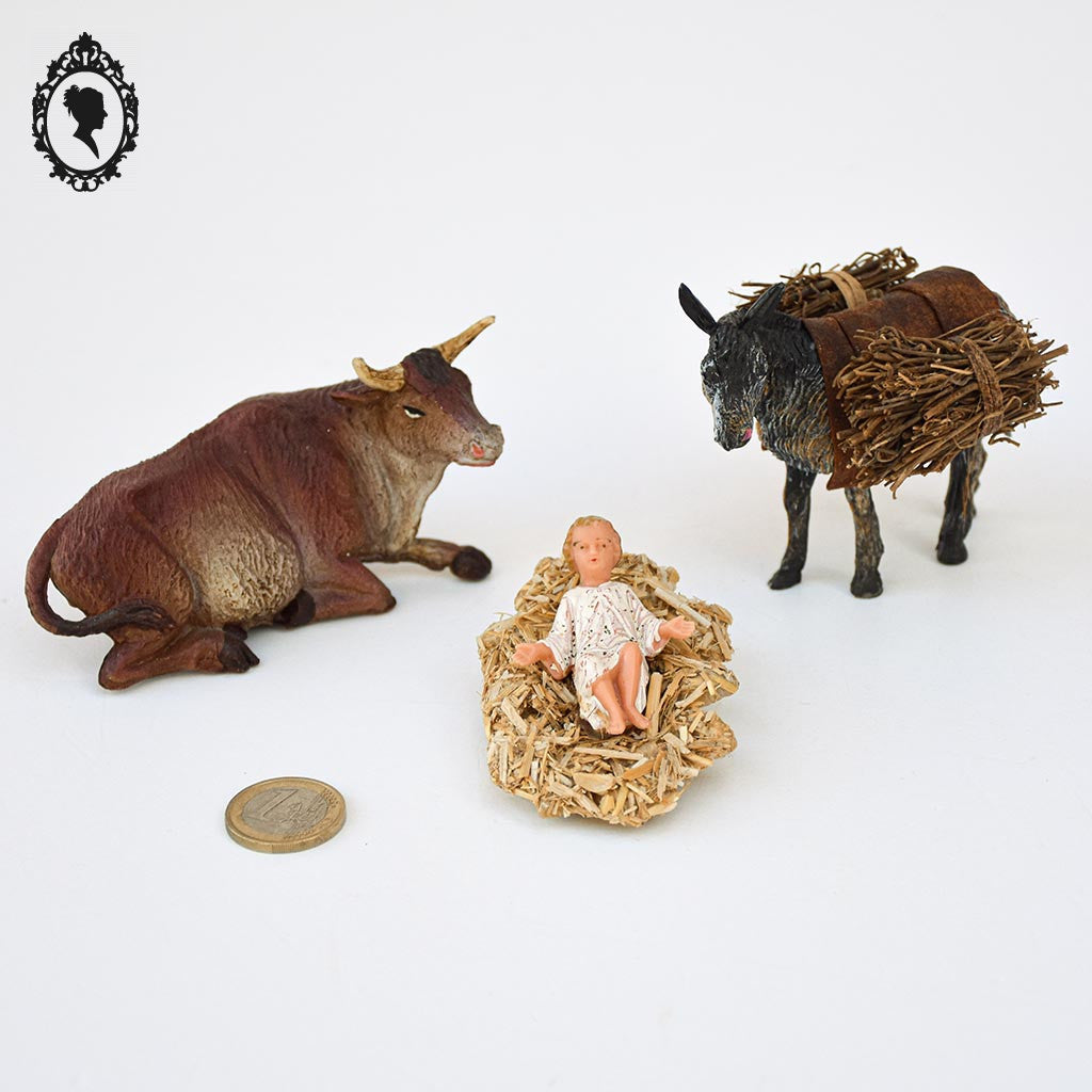 Santons crèche de Noël Jésus panier paille bœuf âne vintage