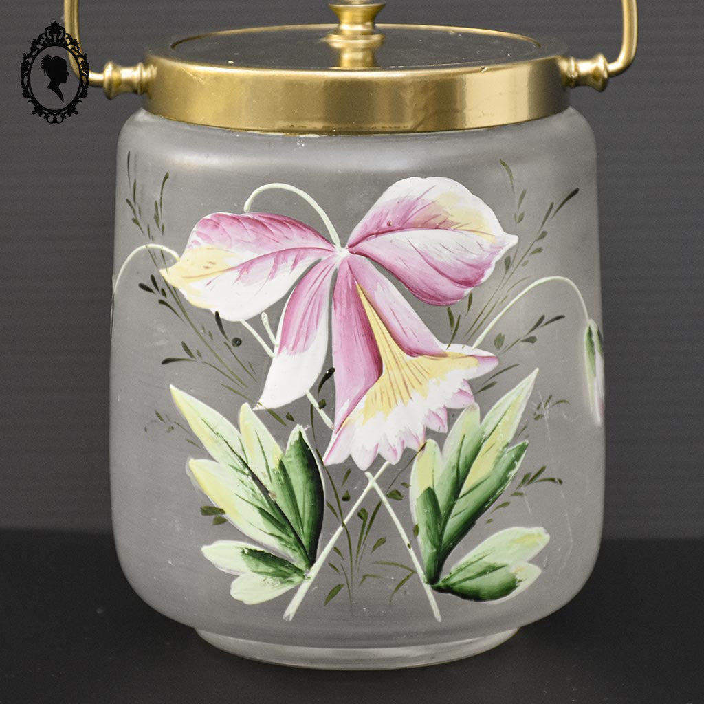 Sceau pot à biscuits verre mat fleur émaillée rose jaune vert ancien art nouveau